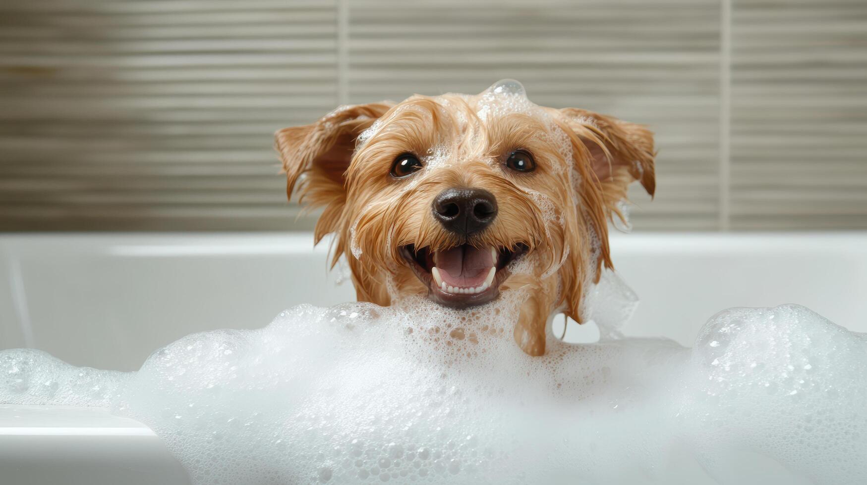 dog enjoying bubble bath with playful suds surrounding it photo