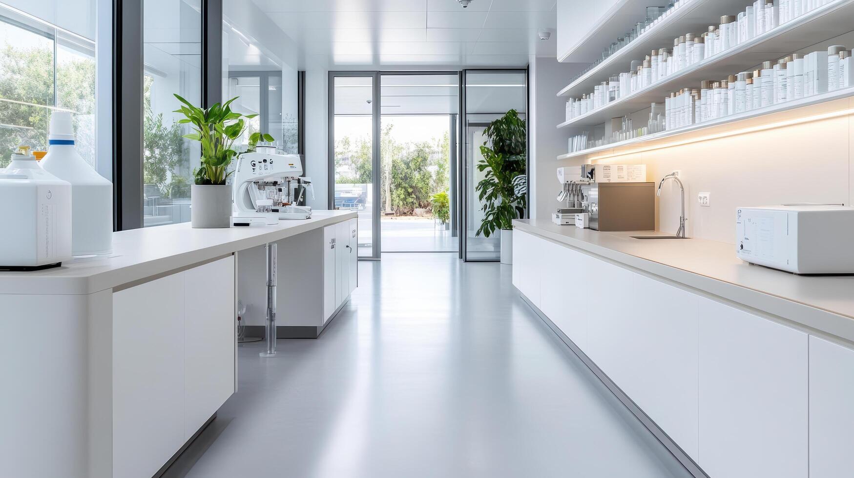 modern laboratory with sleek design, bright lighting, and organized shelves photo