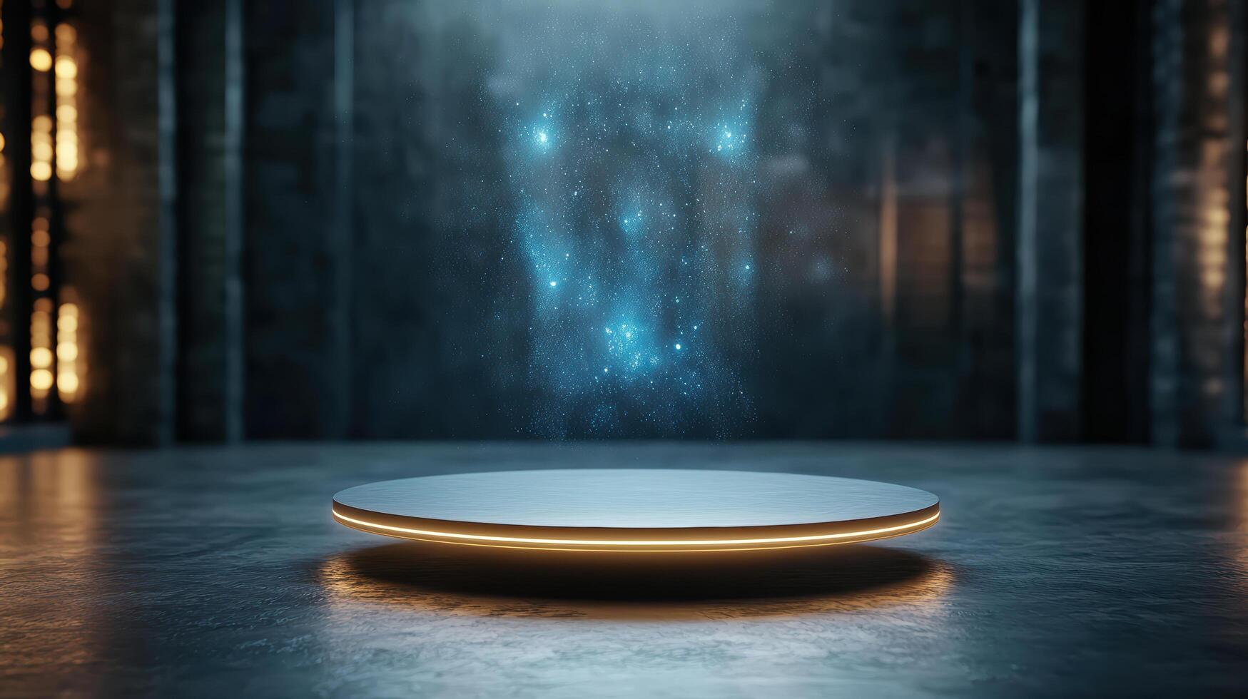 futuristic platform with glowing edges and cosmic display above photo