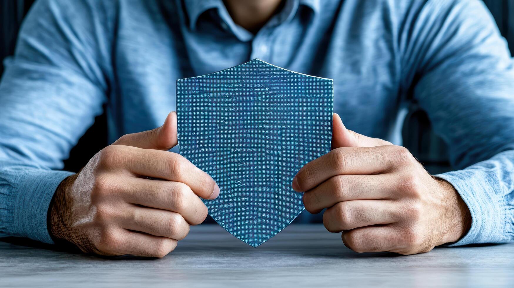 person holding blue shield symbolizing cybersecurity and protection photo