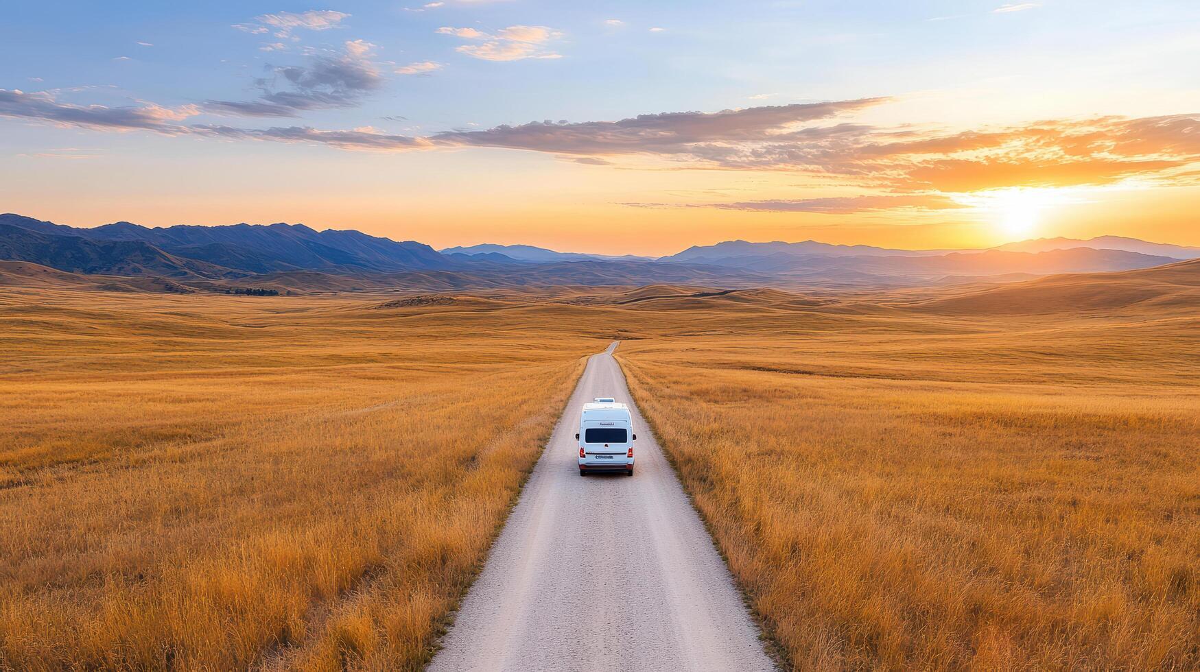 long winding road through golden fields at sunset creates serene atmosphere photo