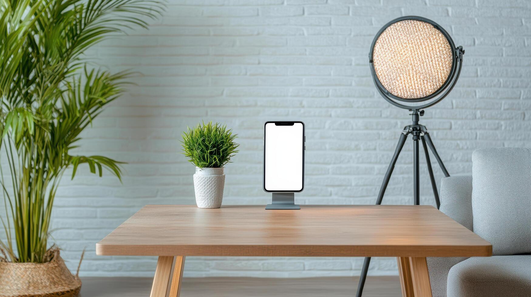 modern desk setup featuring smartphone, plant, and stylish lamp photo