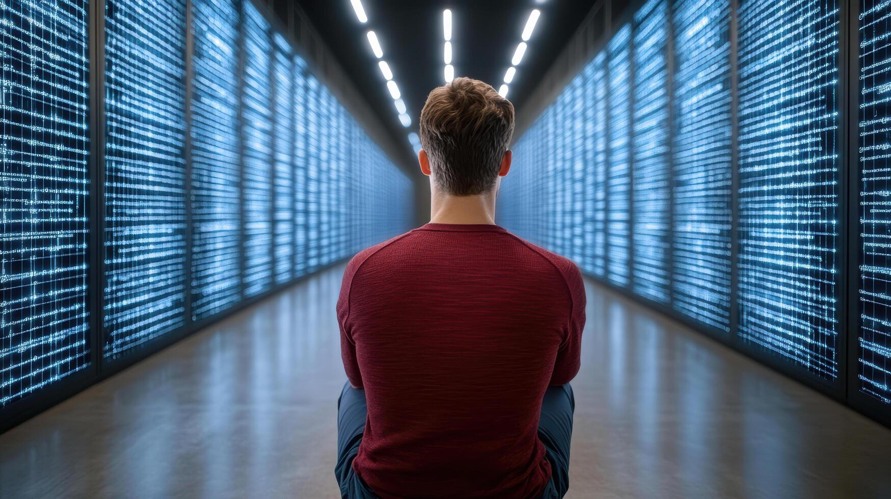 programmer analyzing code in data center, focused on cybersecurity photo