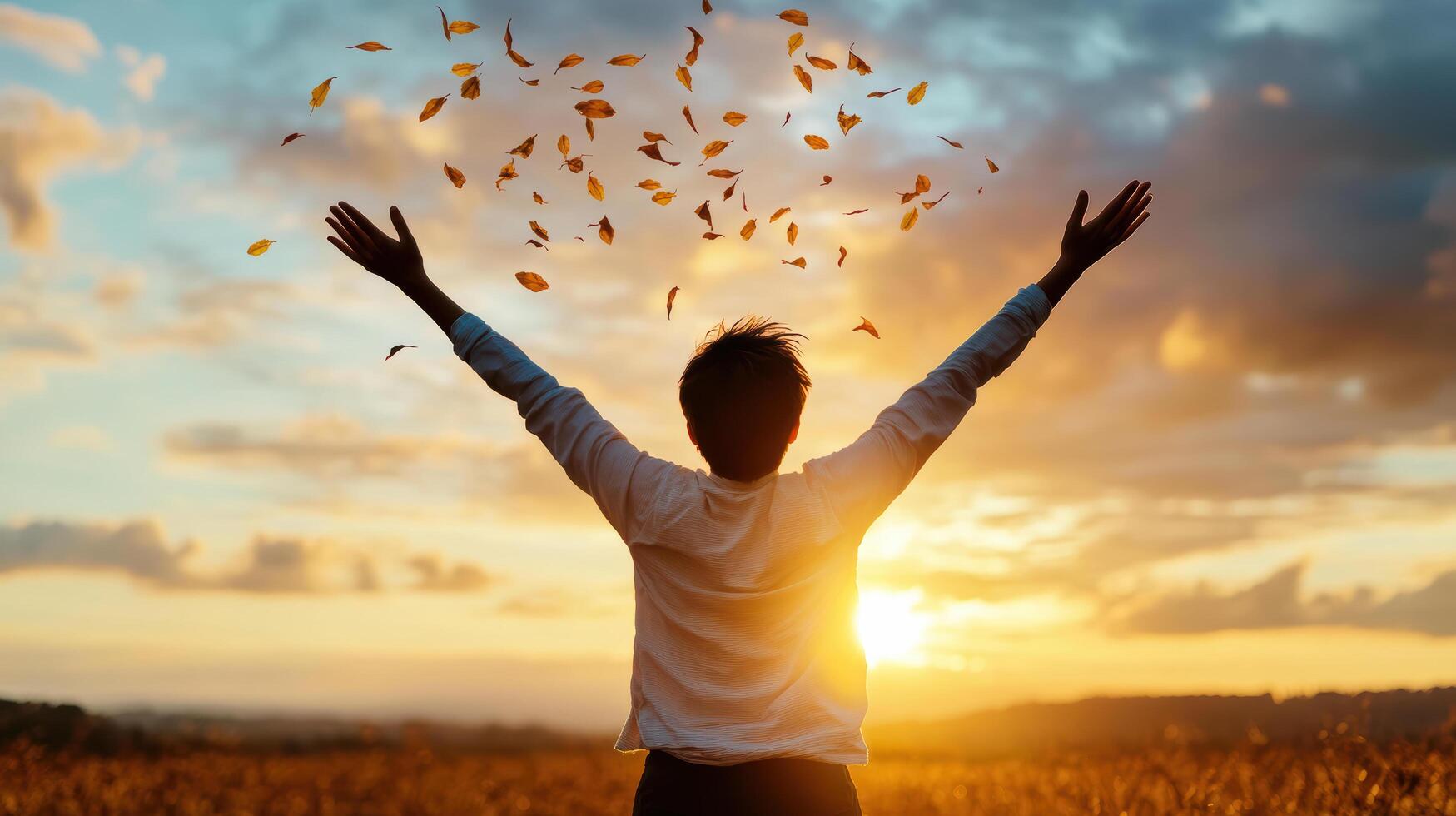 person enjoying sunset, surrounded by falling leaves, expressing joy photo