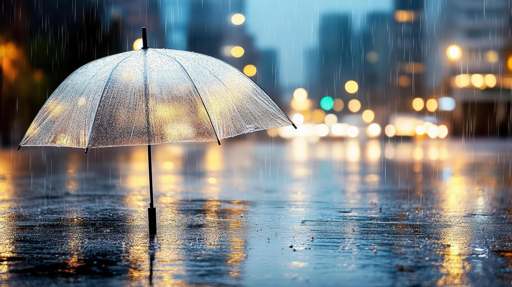 transparent umbrella stands in rain, reflecting city lights photo