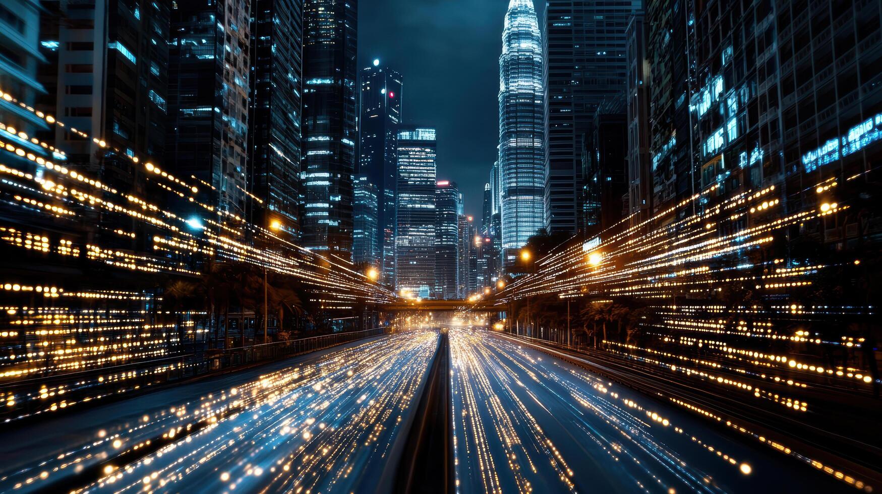 A city street at night with lights and traffic photo