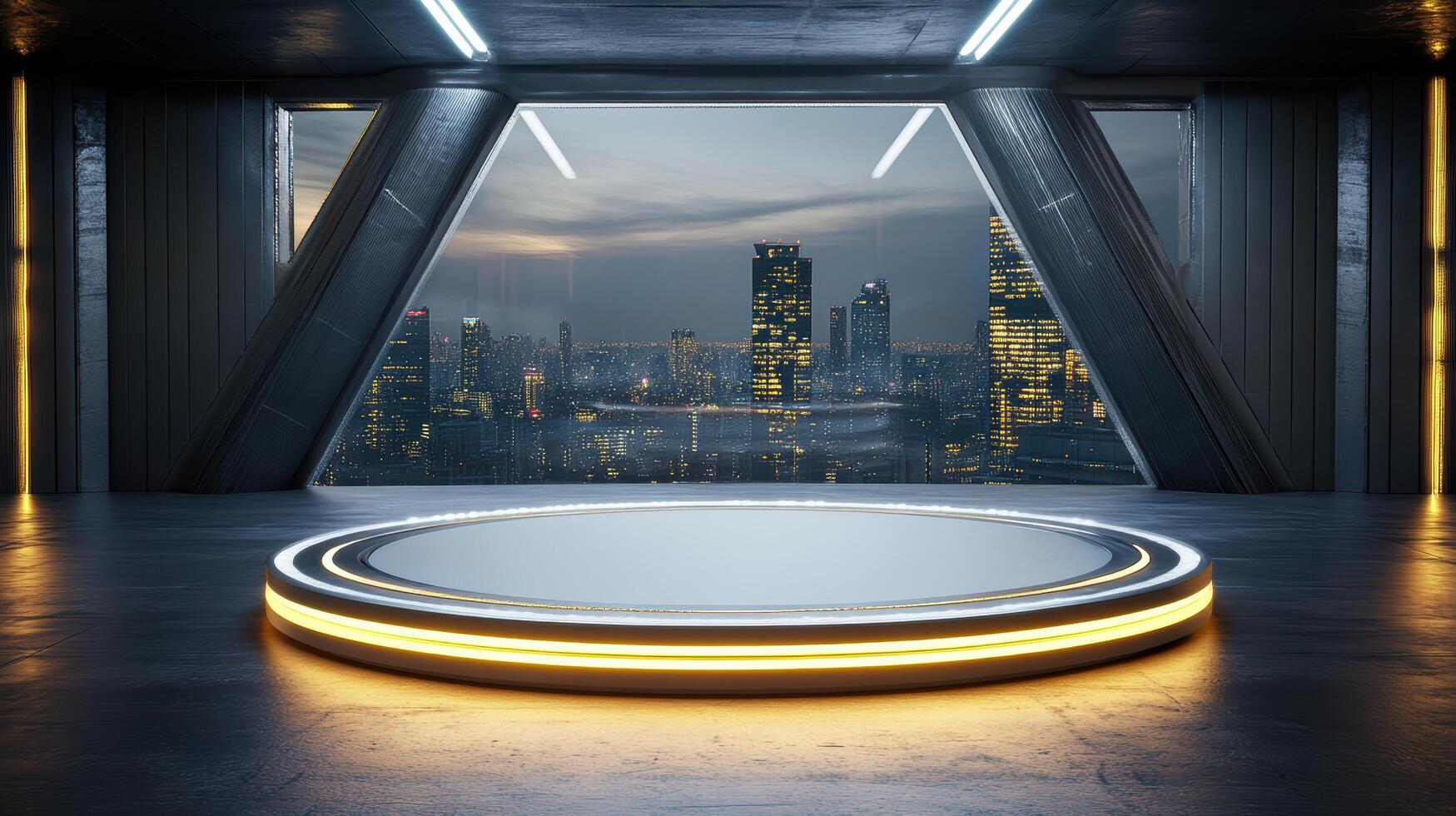 A futuristic room with a circular table in front of a cityscape photo