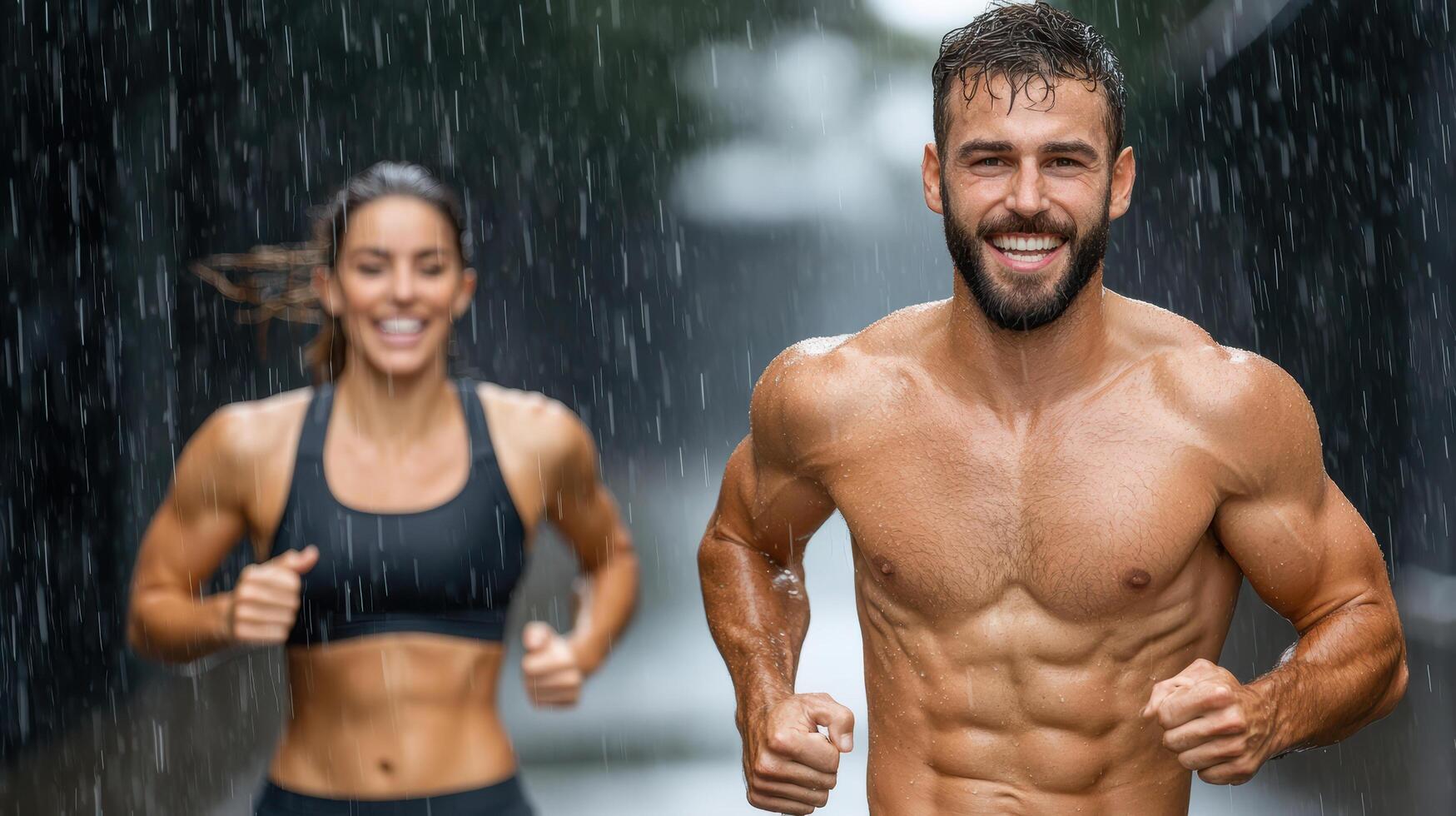 A man and woman running in the rain photo