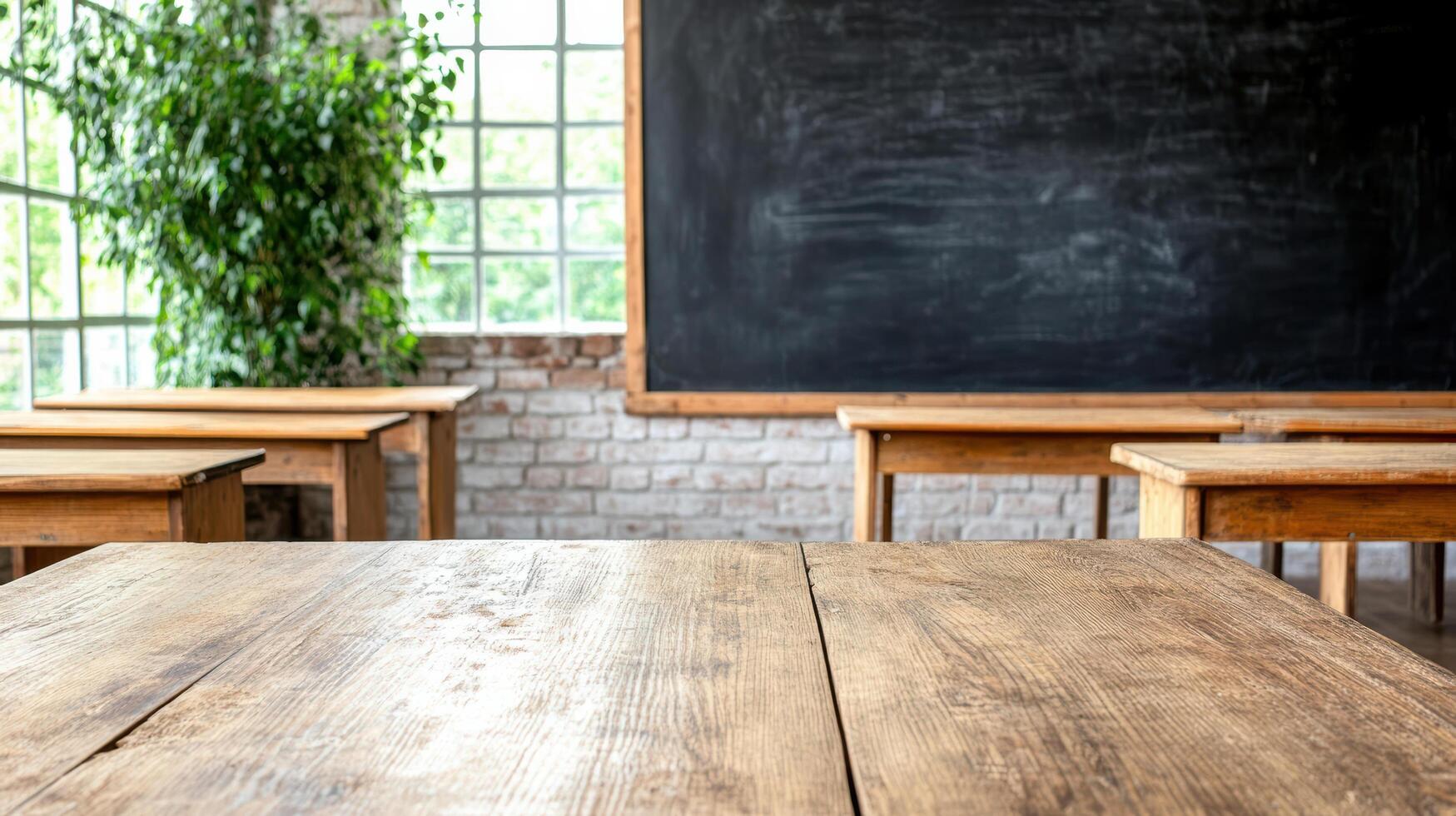 An empty classroom with wooden tables and chairs photo