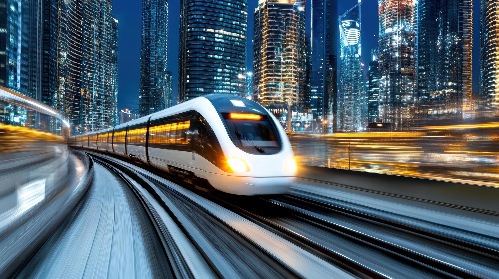 A train traveling through the city at night photo