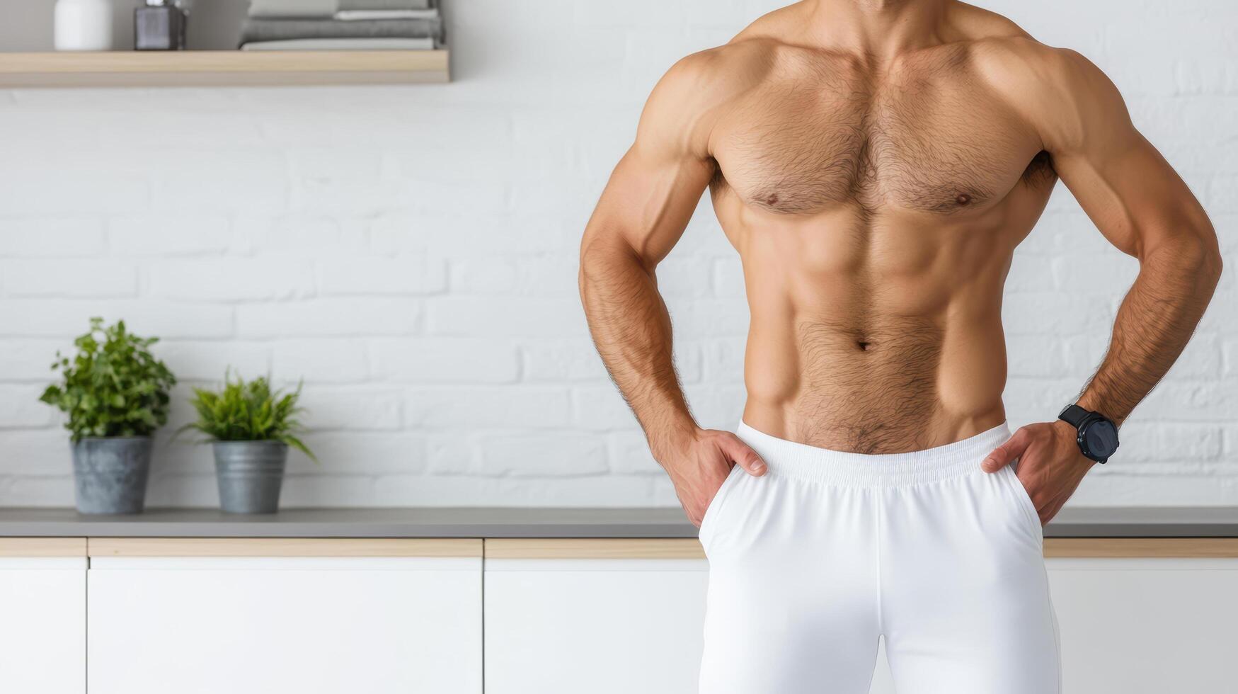 A shirtless man standing in front of a white wall photo