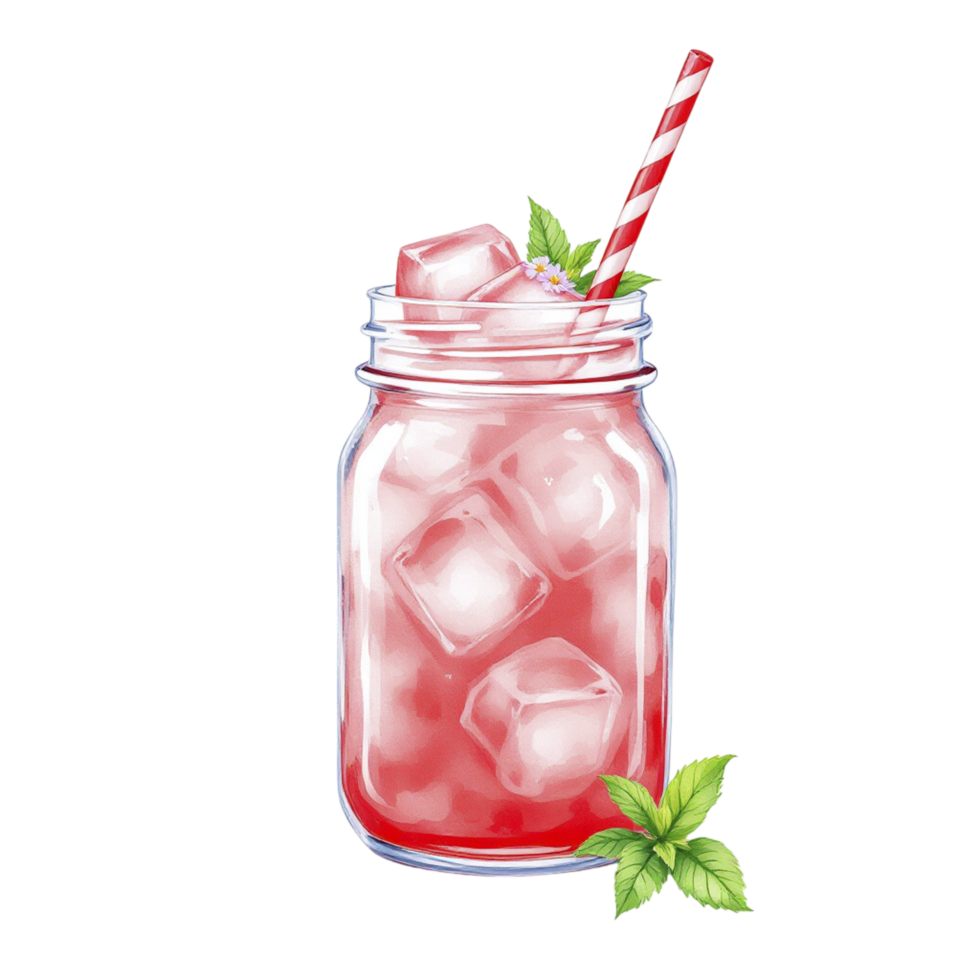 A jar of strawberry lemonade with ice and a straw png