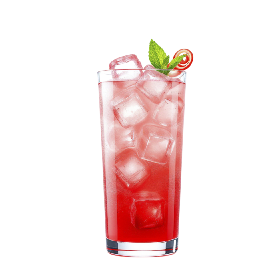 A red drink with ice cubes and a cherry on top png