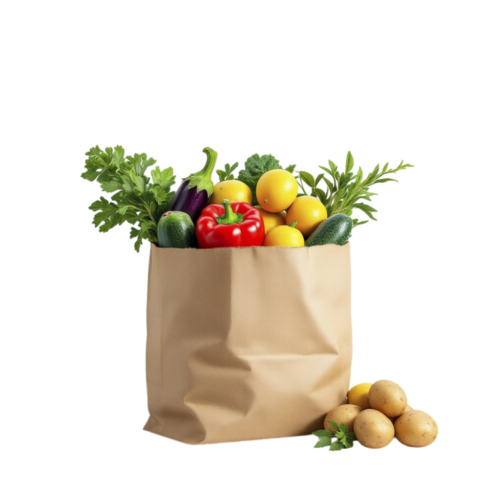 A paper bag full of vegetables and fruits png