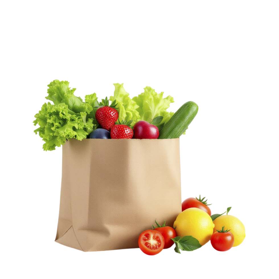 A paper bag full of fresh vegetables and fruits png