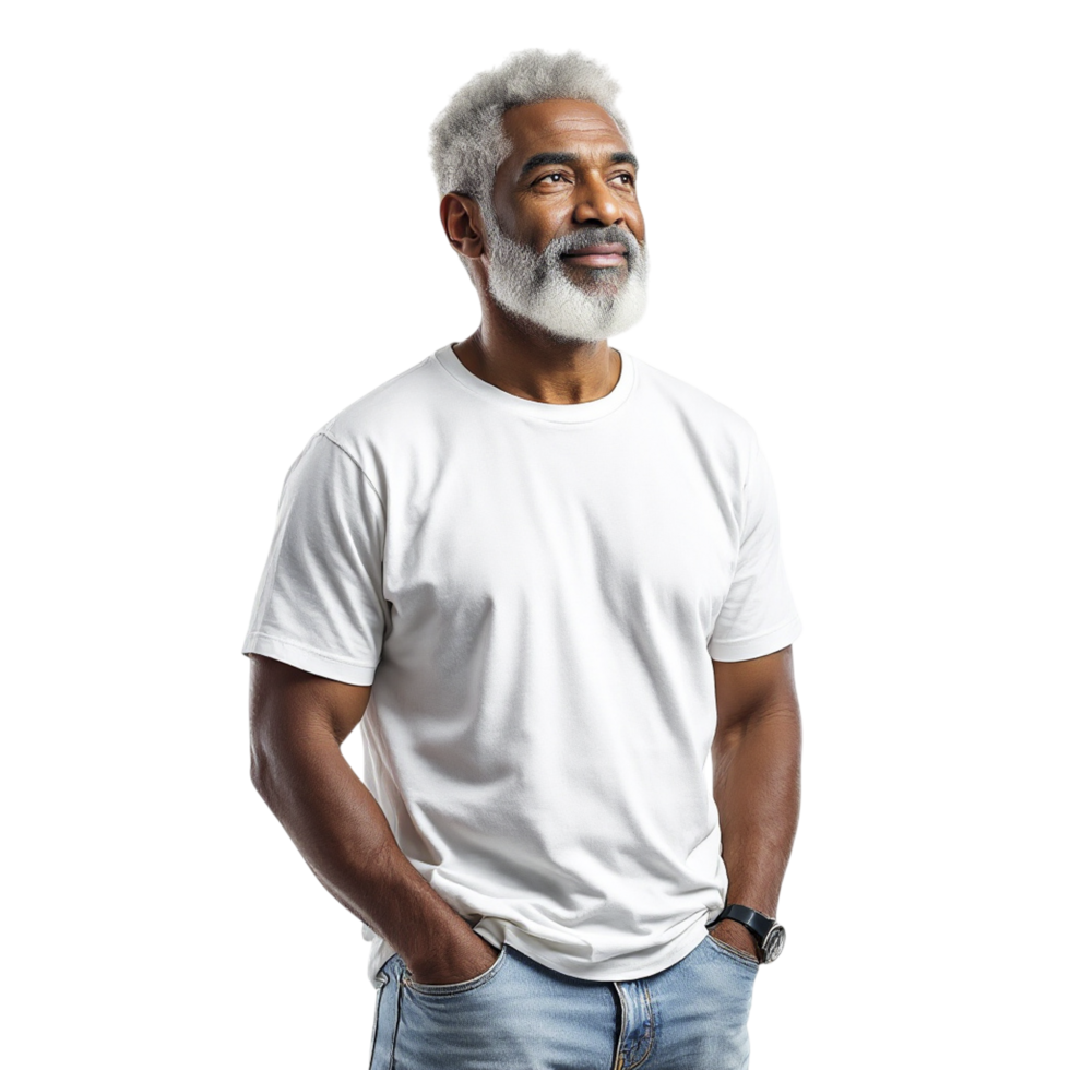 A man with a white beard and a white t - shirt png