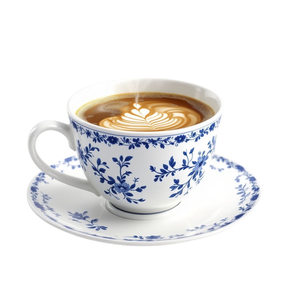 A cup of coffee with a floral design on the cup png