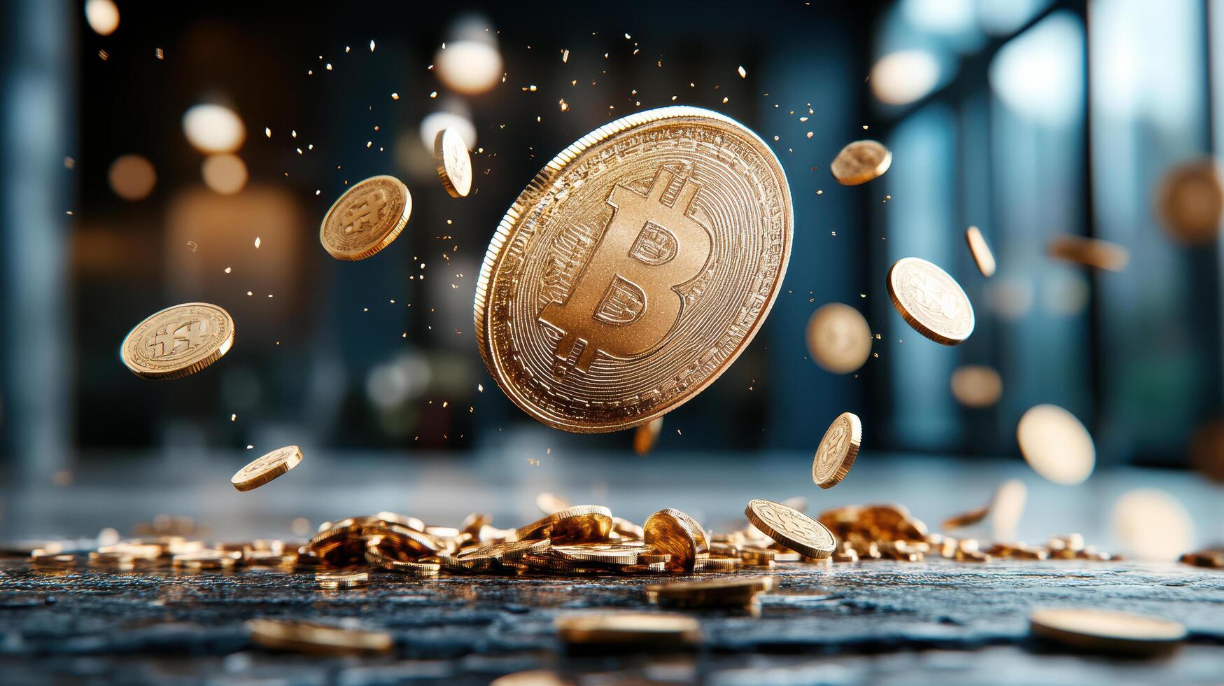Bitcoin is falling from the sky, with coins flying around it photo