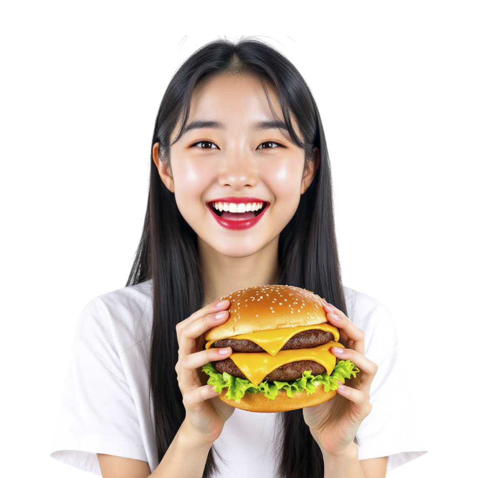 A woman holding a hamburger and smiling png