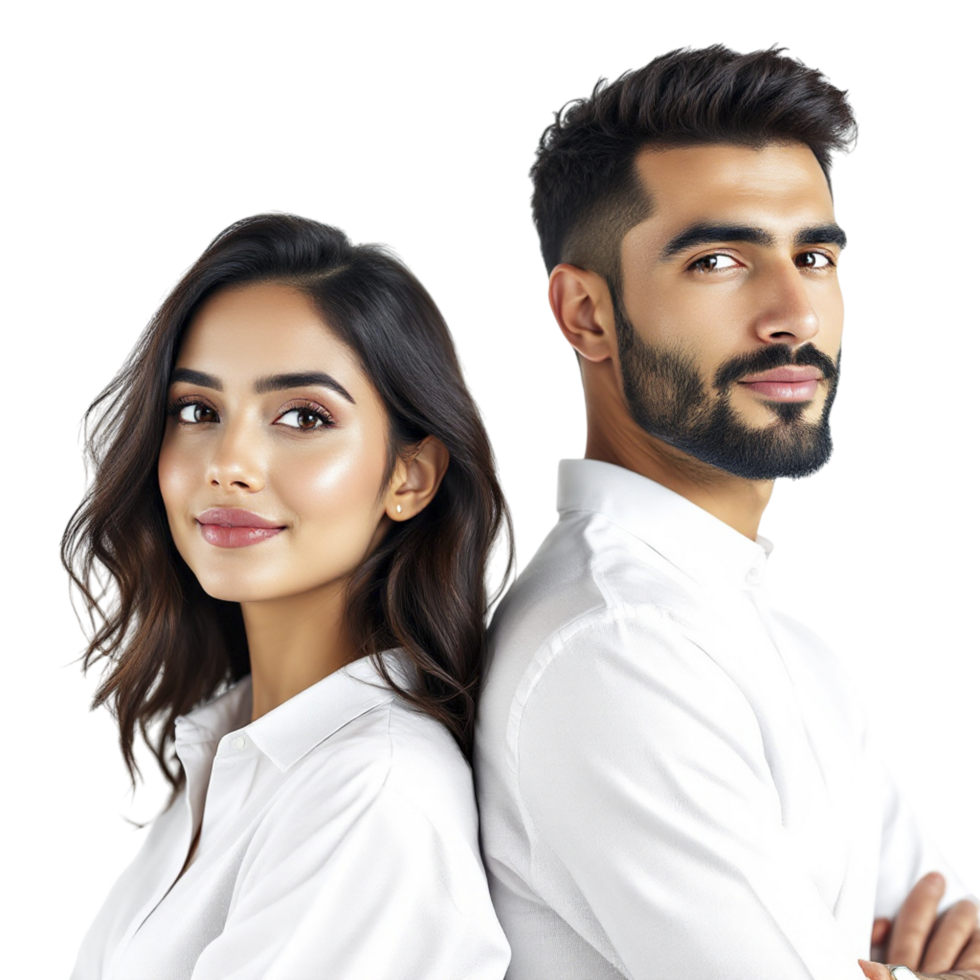 A man and woman standing together in white shirts png