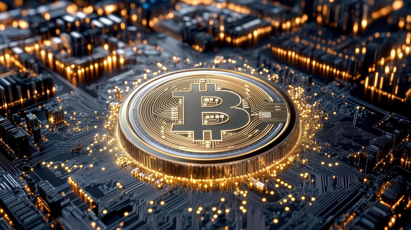 Bitcoin on a circuit board with city lights photo