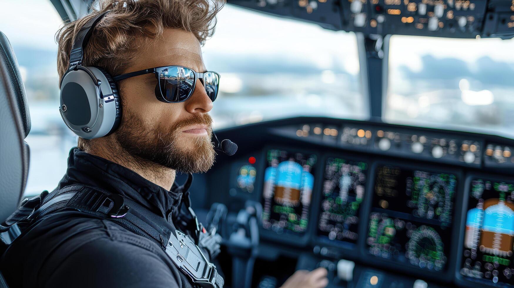 A man wearing headphones and sunglasses in the cockpit of an airplane photo
