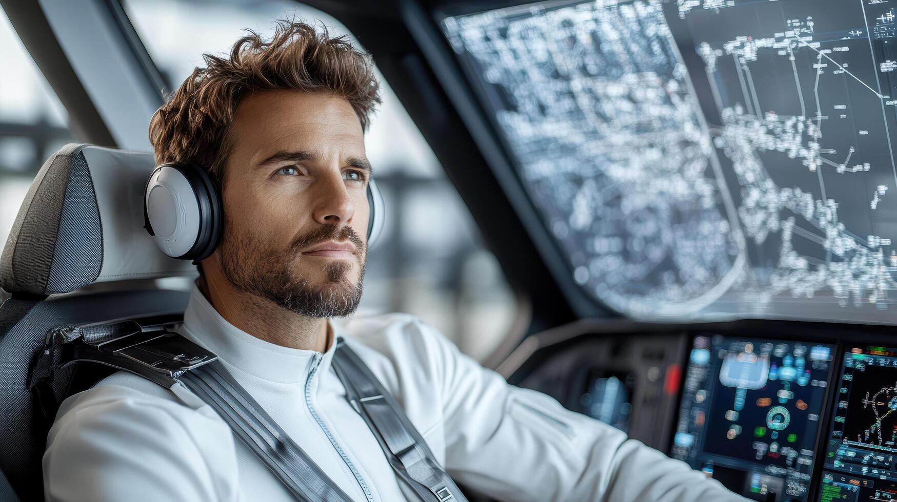 A man wearing headphones in the cockpit of an airplane photo