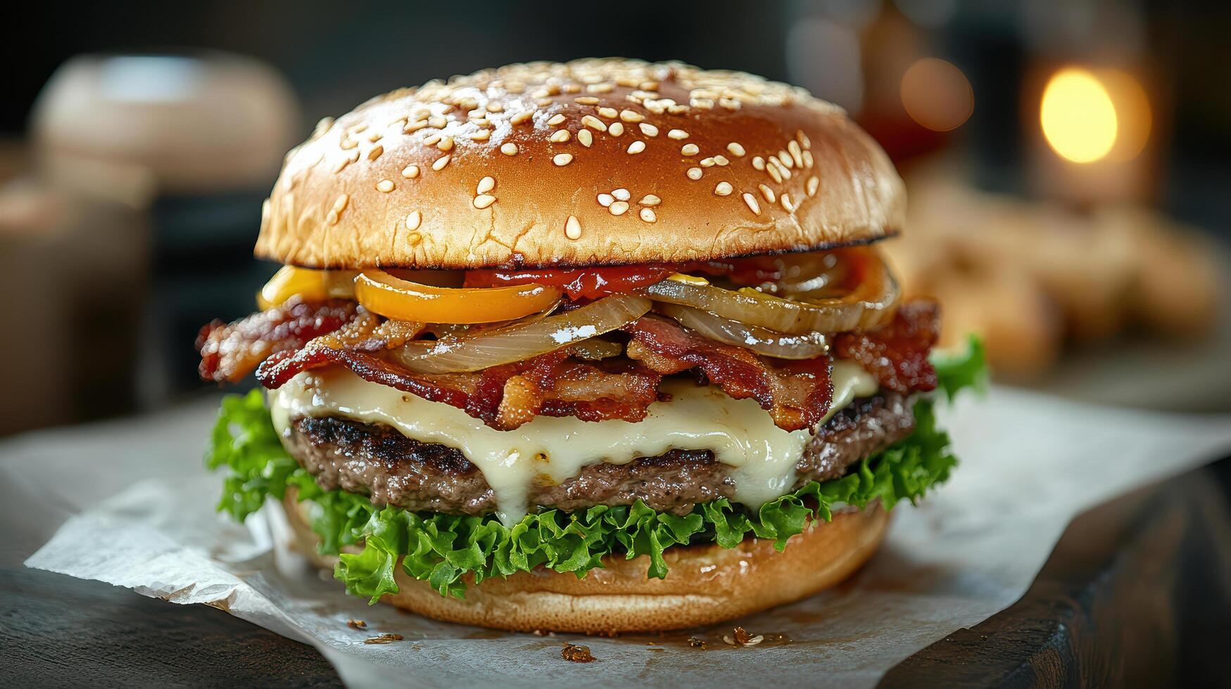 A hamburger with bacon, cheese and lettuce photo