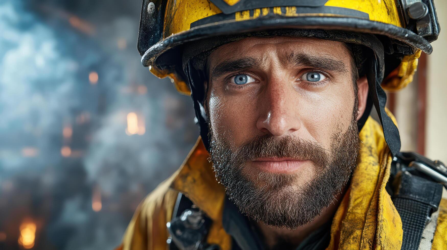 A man in a fireman's helmet and uniform photo