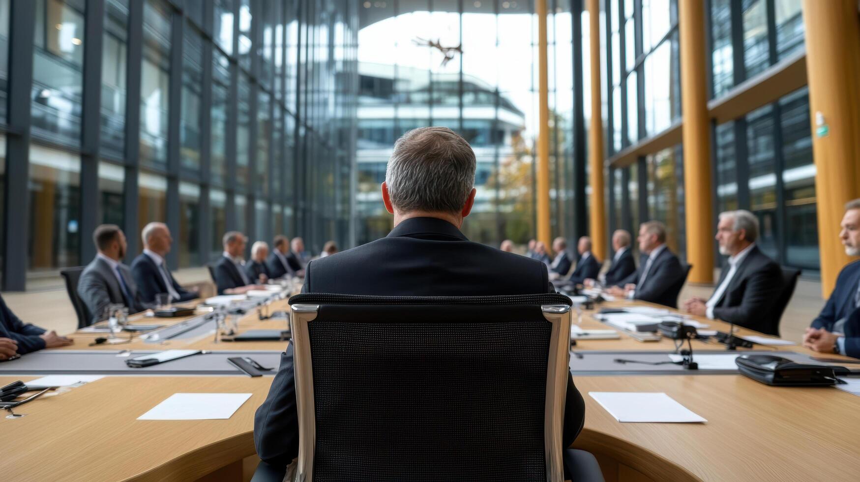 Businessman sitting at a conference table with other people photo