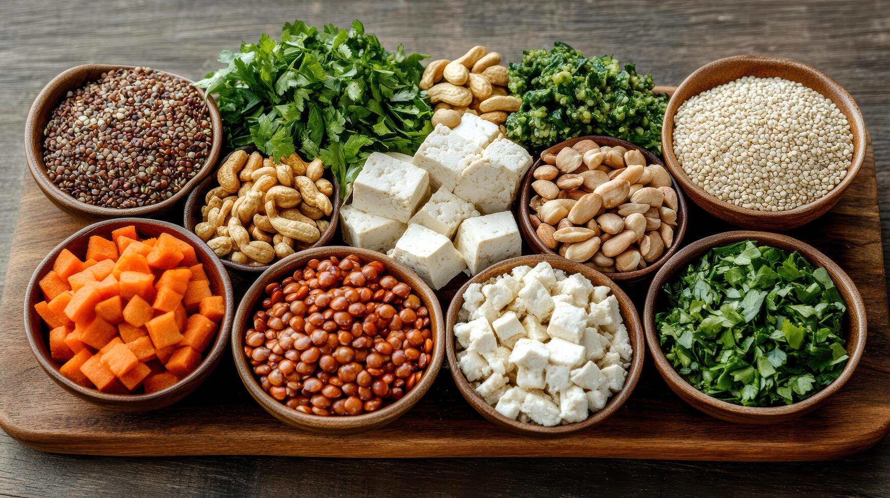 A variety of different foods in bowls on a wooden table photo