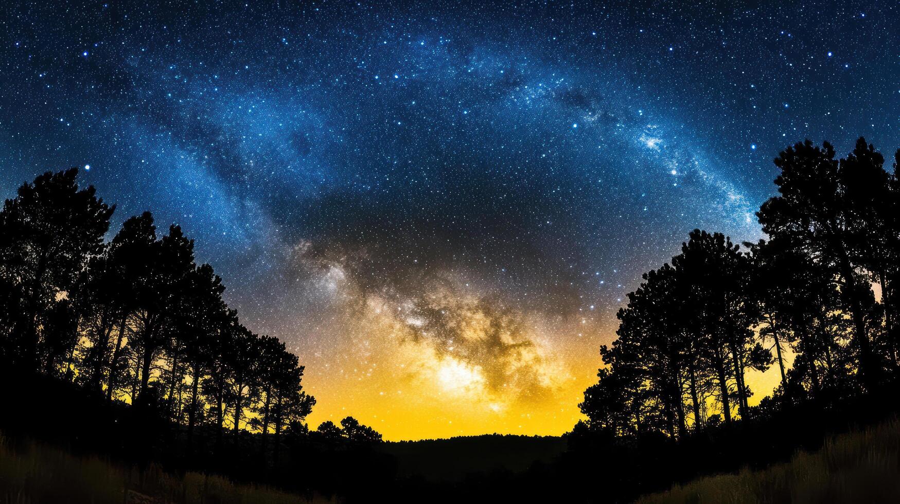 The milky way over a forest with trees and stars photo