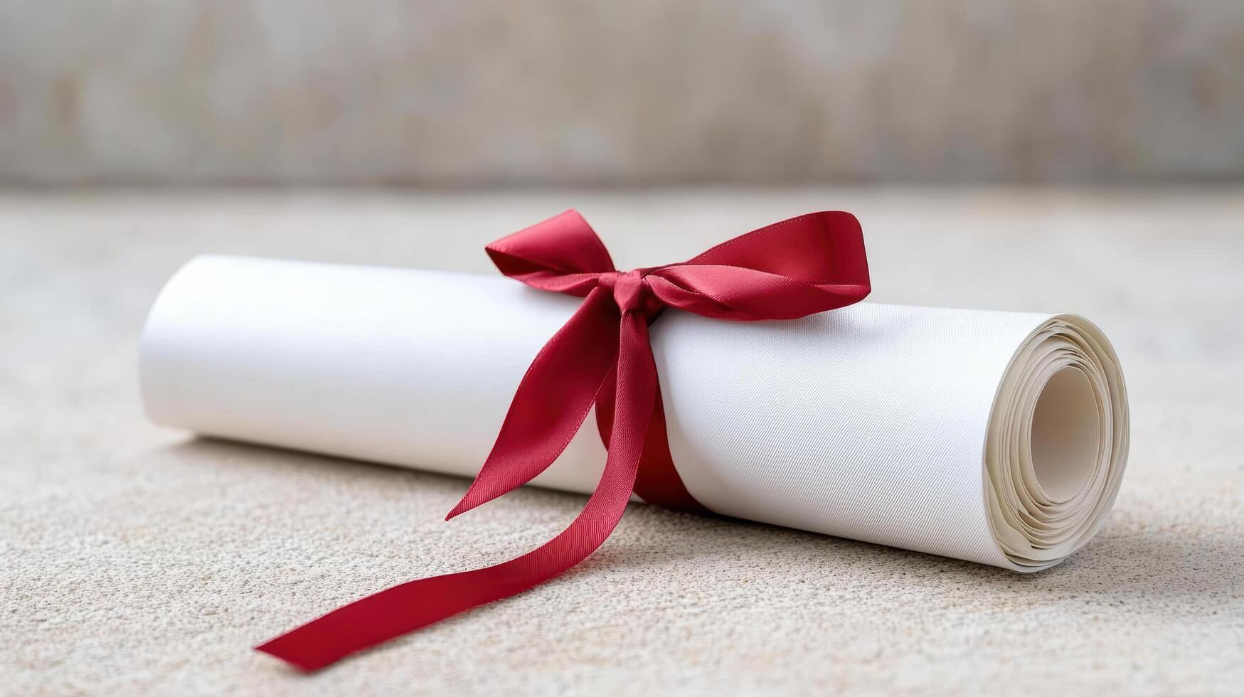 Roll of paper with red ribbon tied around it photo