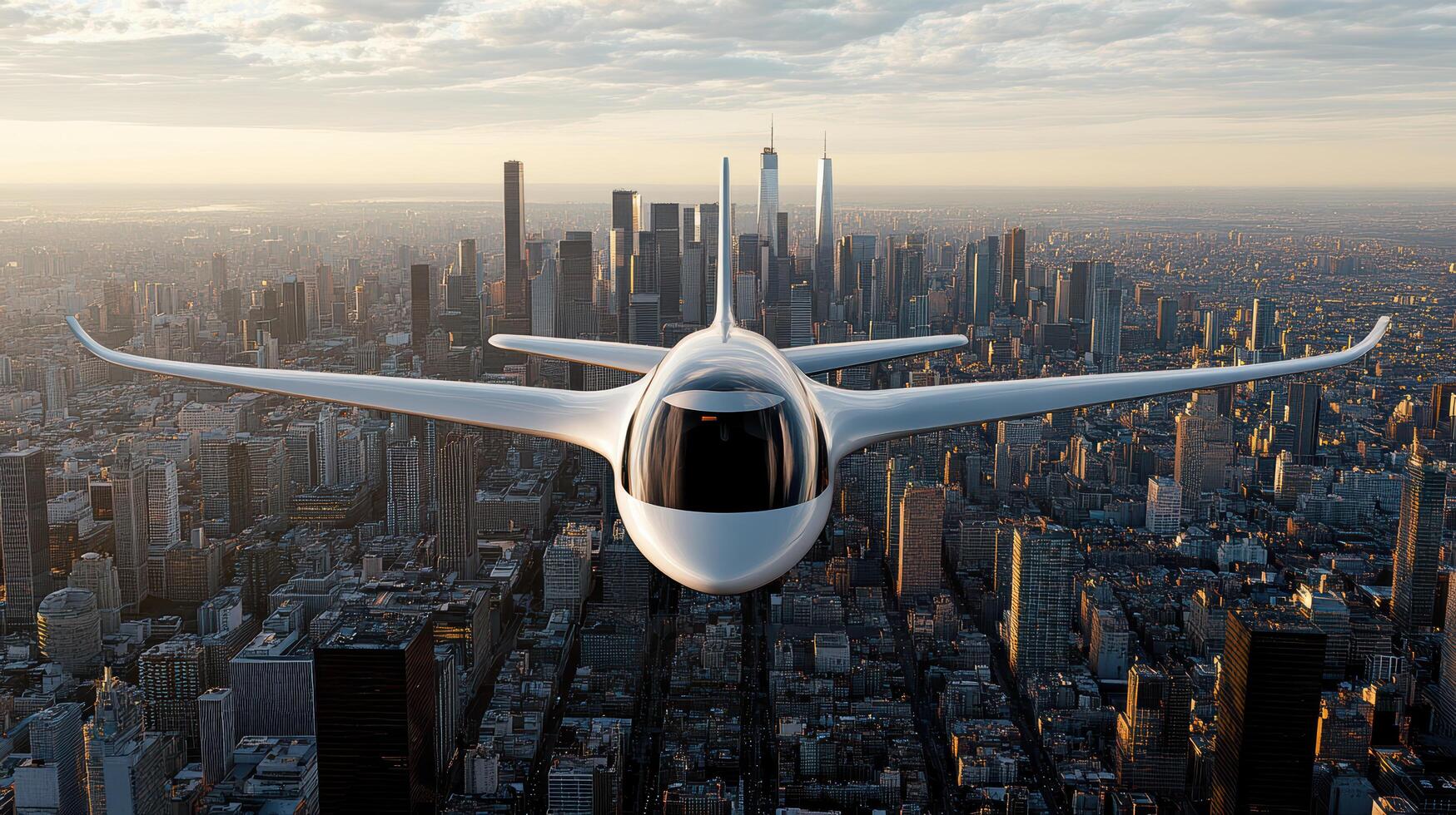 A futuristic airplane flying over a city photo