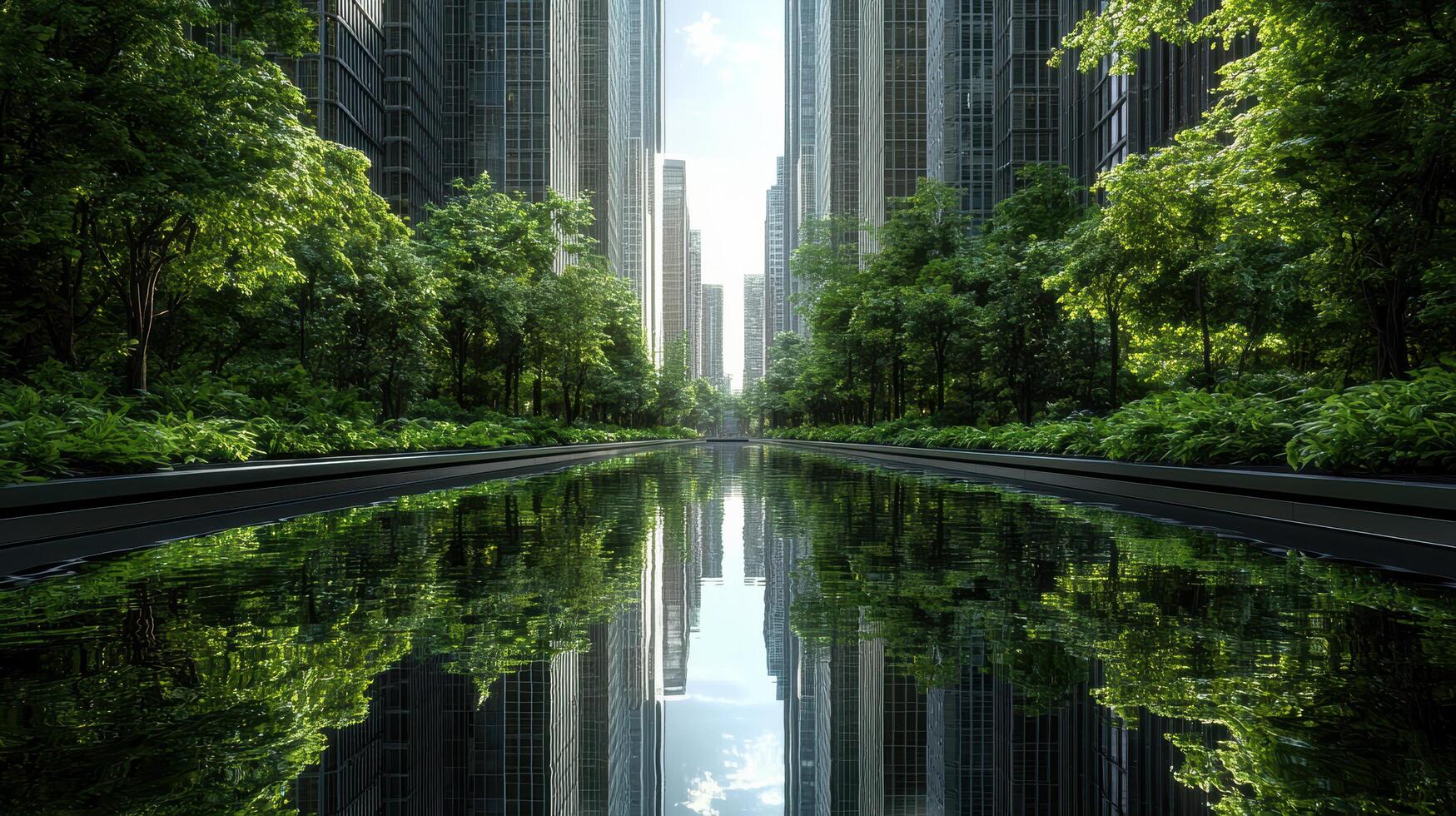 A canal in the middle of a city with tall buildings photo