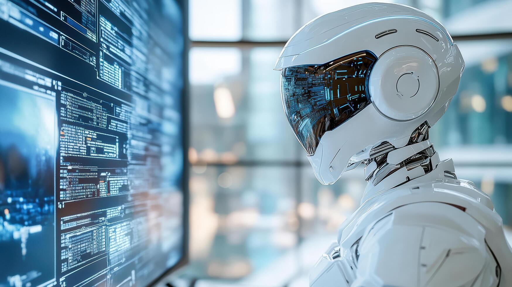 A robot is looking at a computer screen photo