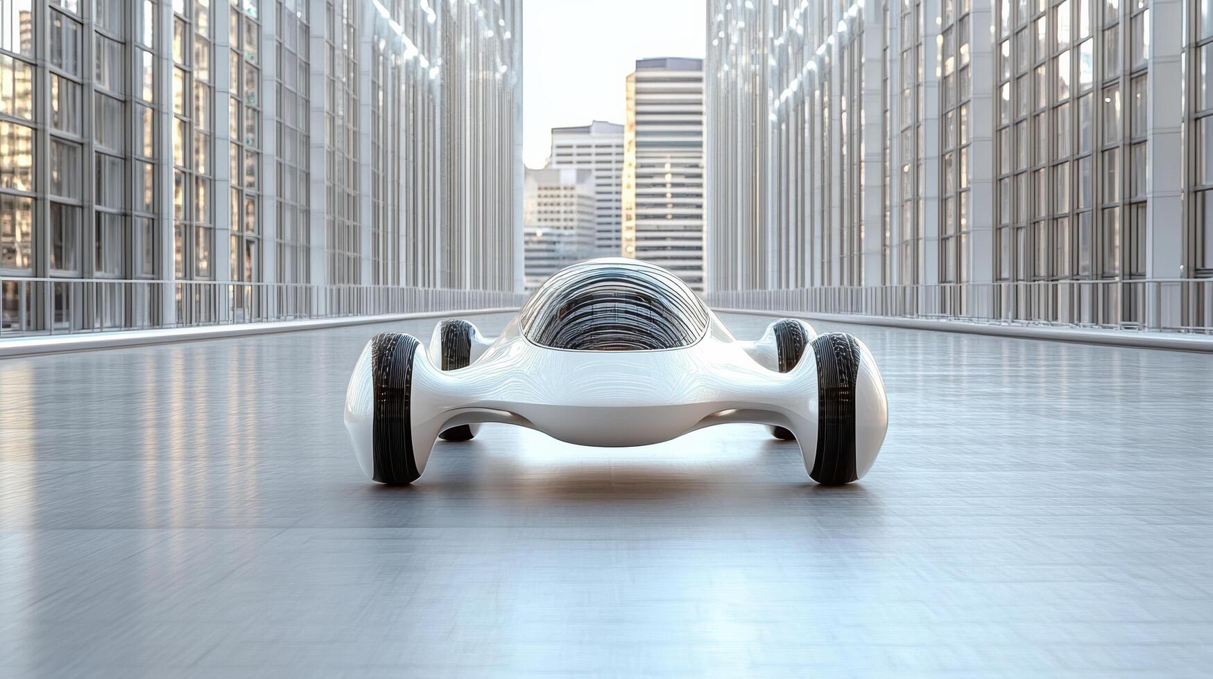 A futuristic car is sitting in a large city photo