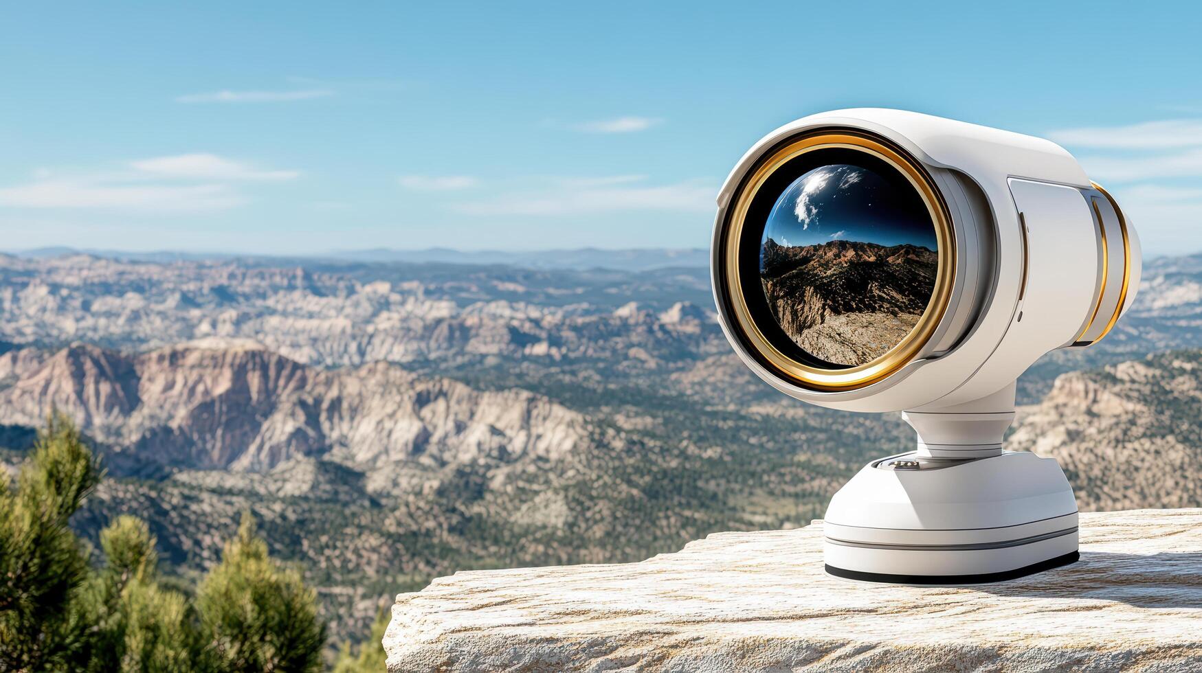 A camera with a lens on top of a mountain photo