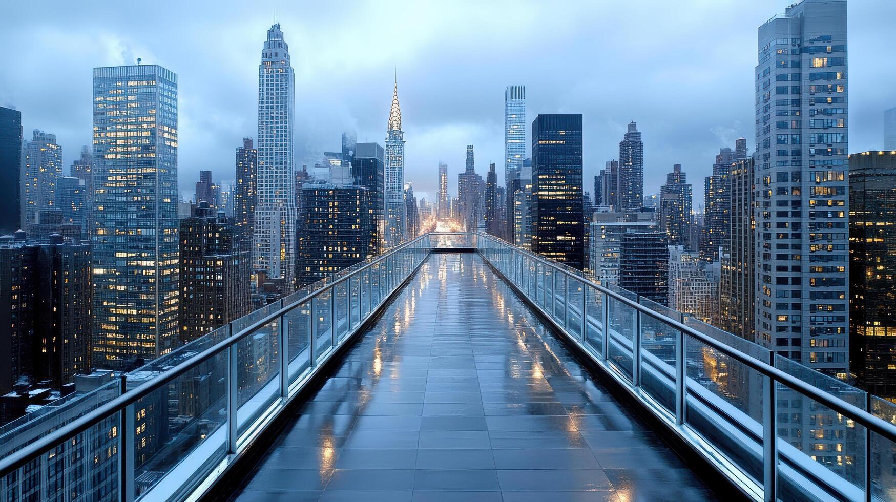 A walkway in front of a city skyline with tall buildings photo