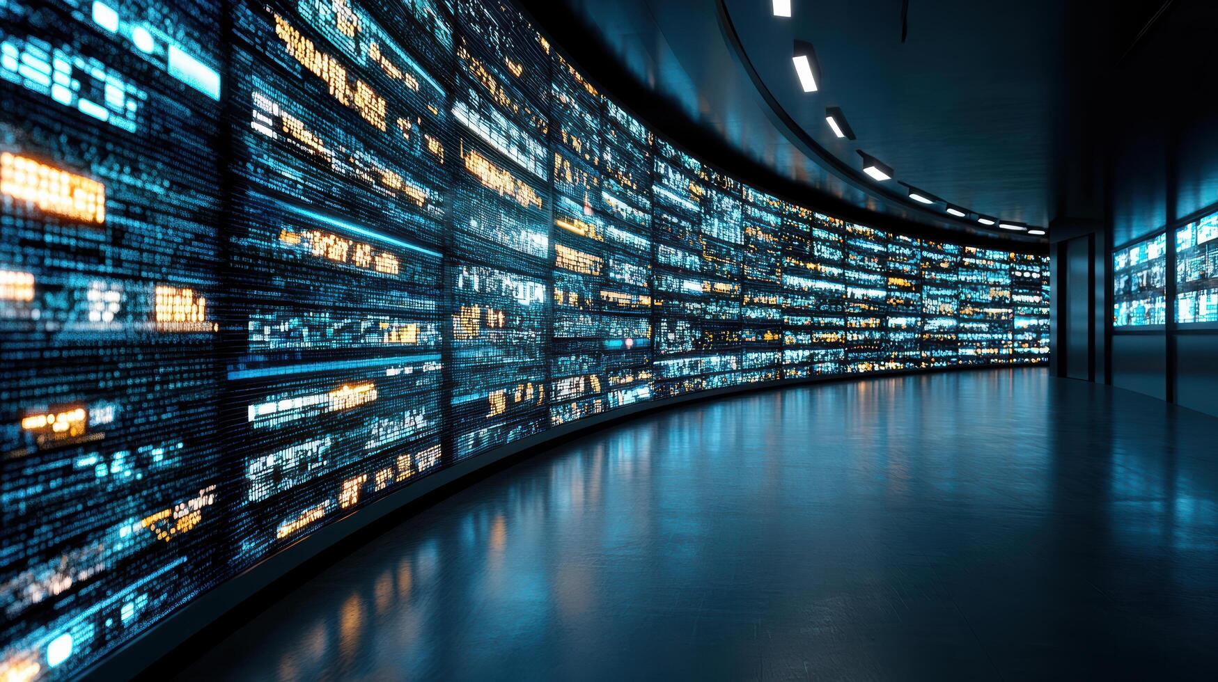 A long hallway with many screens showing different data photo
