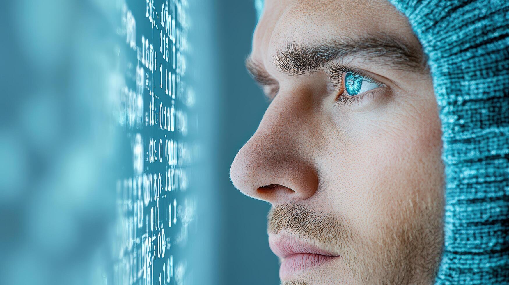 A man wearing a hoodie and looking at a computer screen photo