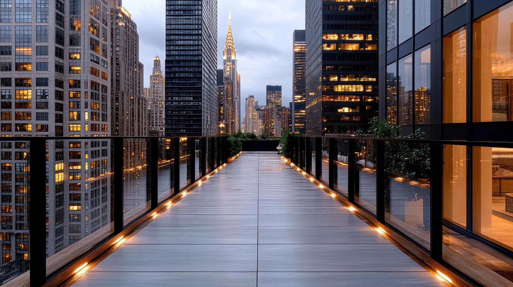 A walkway leads to a city skyline at dusk photo