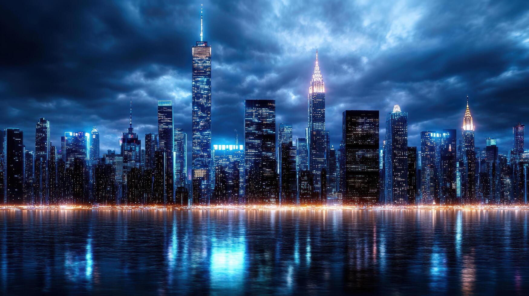 A city skyline at night with lights reflecting off the water photo