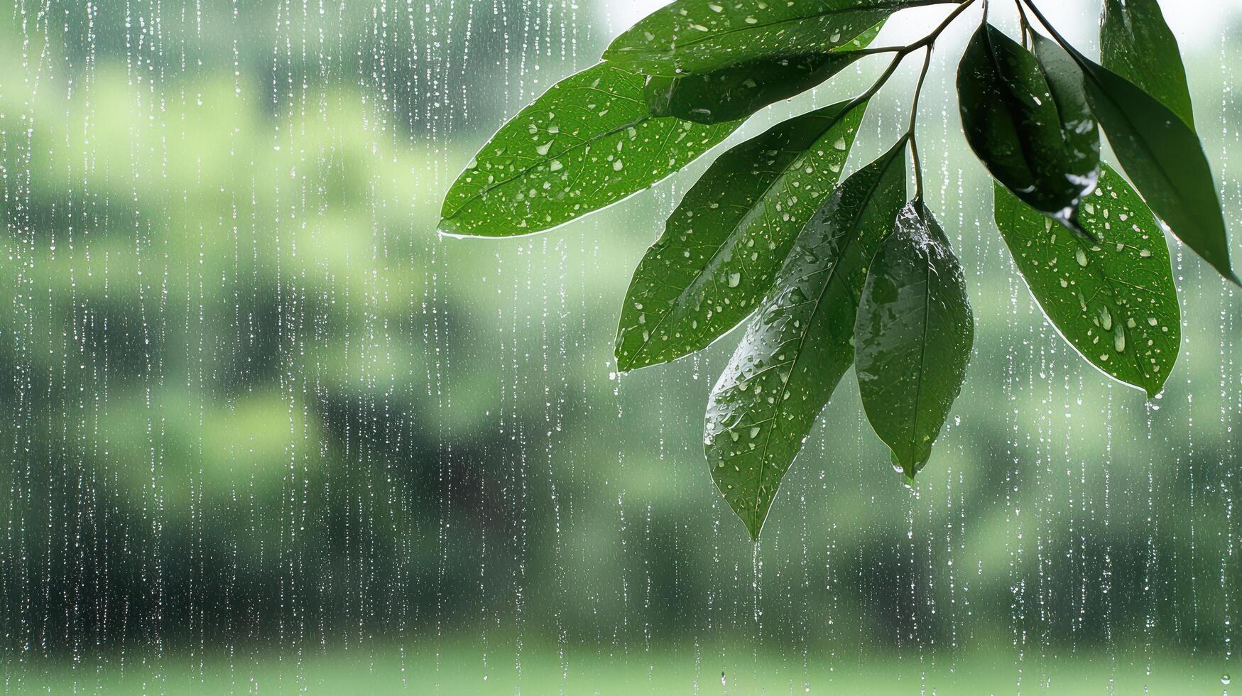 Rainy day with green leaves on the window photo