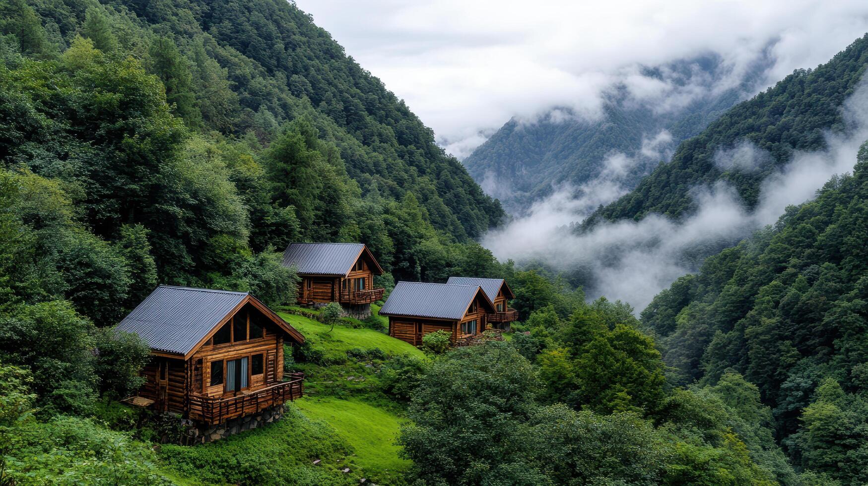 Wooden cabins in the mountains with fog and clouds photo
