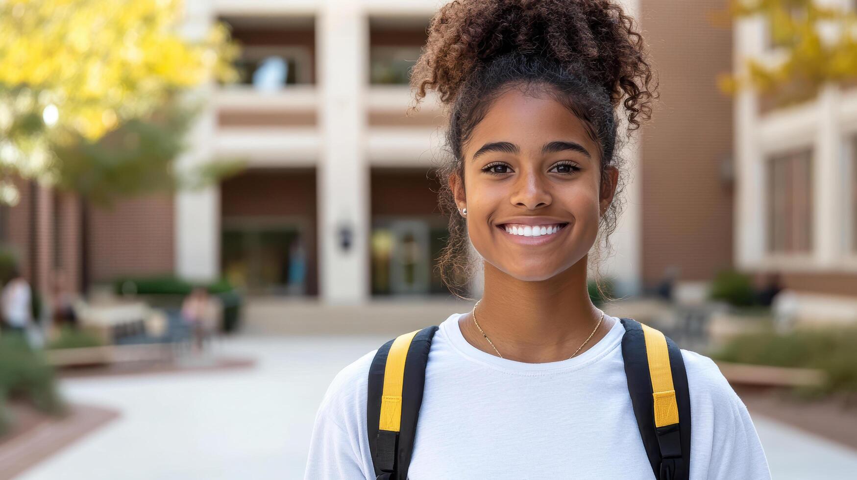 confident college student smiling on campus with backpack photo