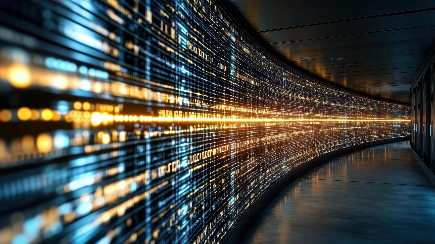 Futuristic data corridor with glowing lines and digital patterns photo