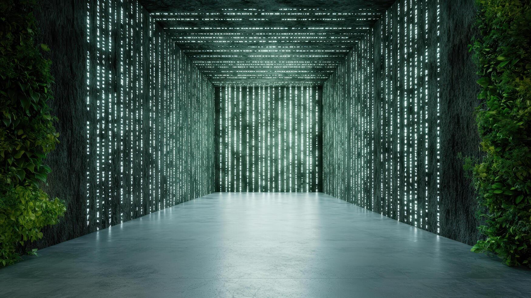 Futuristic room with glowing walls and greenery, creating serene atmosphere photo