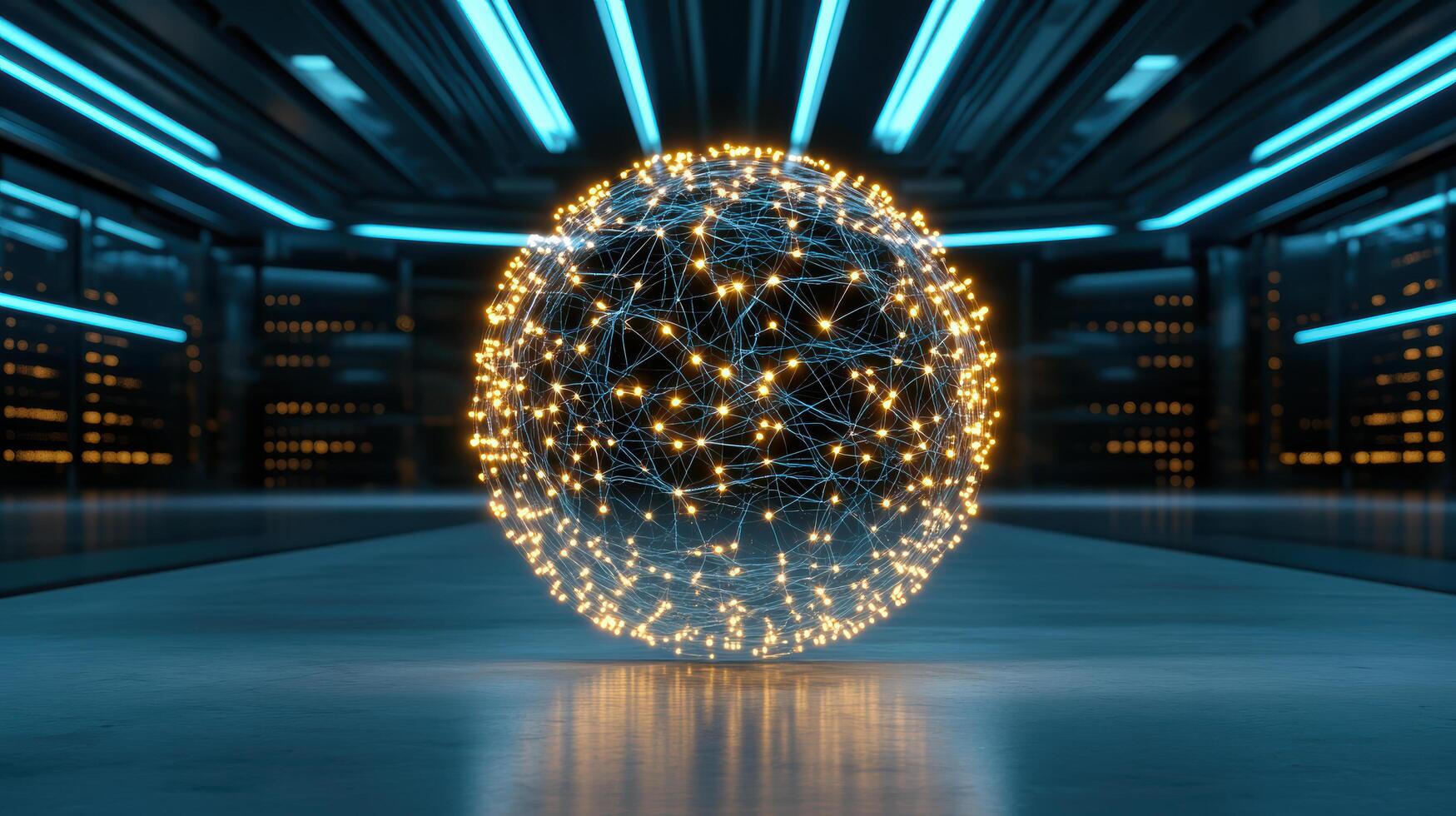glowing sphere of interconnected lines and nodes in futuristic setting photo