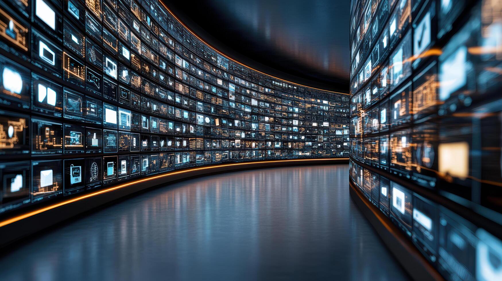 A tunnel with many screens showing different things photo